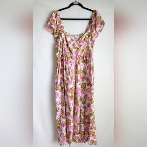 Floral Midi Sundress Smocked Bodice Pink Cream Viscose XL